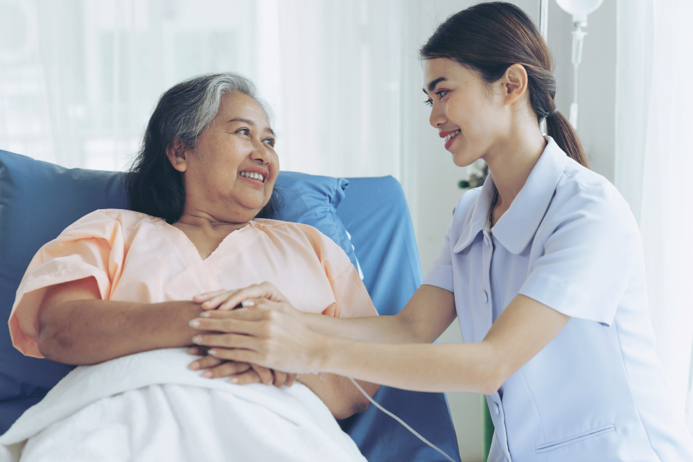an old woman and nurse smiling