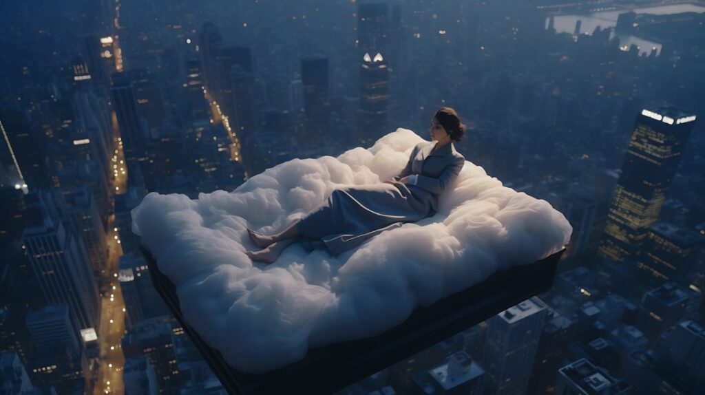 A woman sits on a cloud above a city.