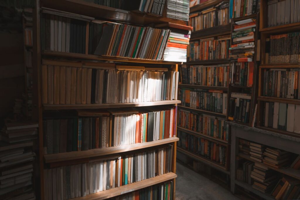 A cozy room filled with shelves of books.